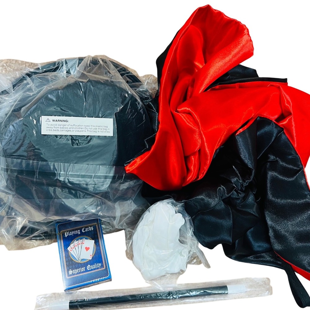 Blue Panda Magician Costume Set Cape Hat Wand Gloves Cards Black Red LJ-CHAPN
